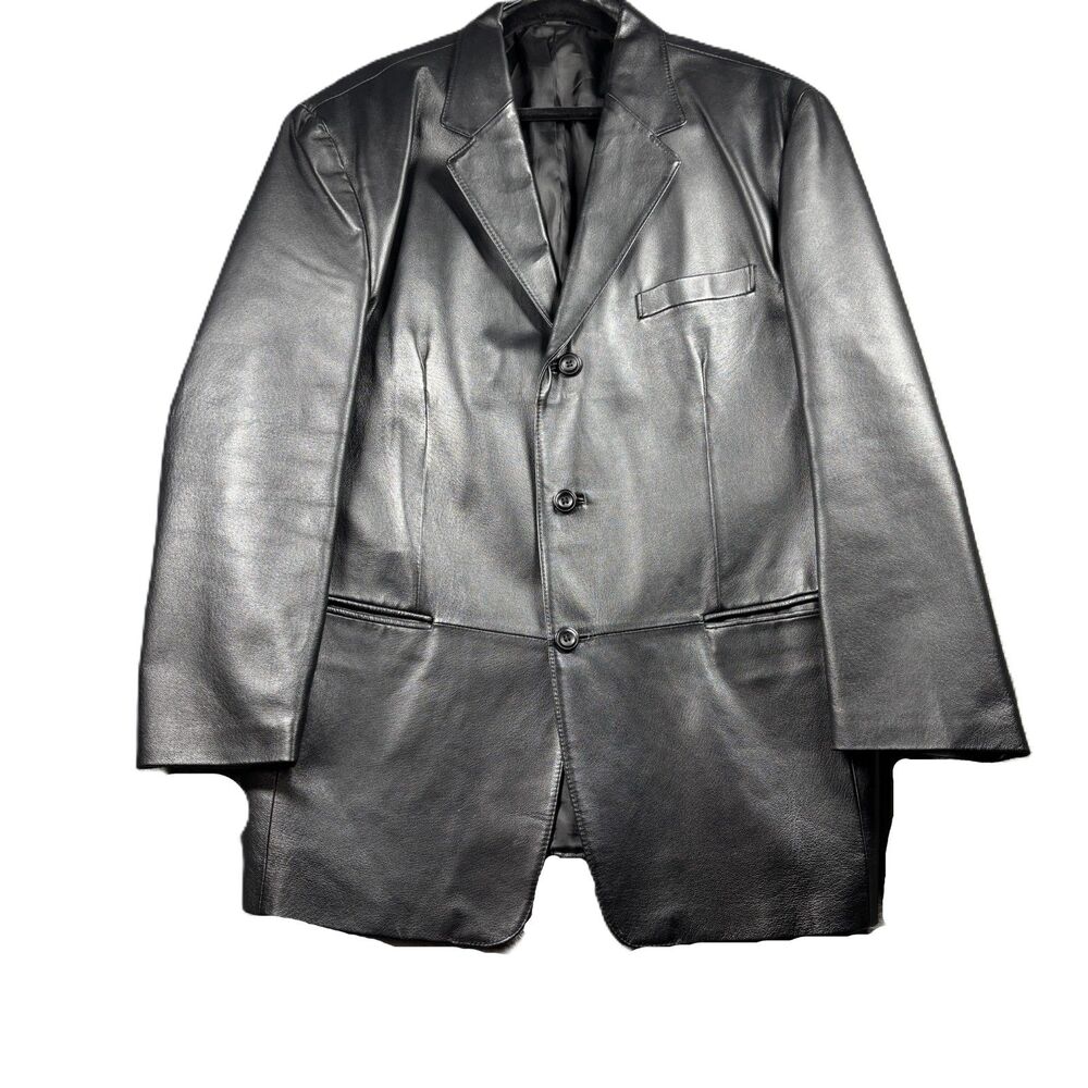 J Ferrar Men Leather Blazer Jacket Three Button Preppy Sport Coat Black Large